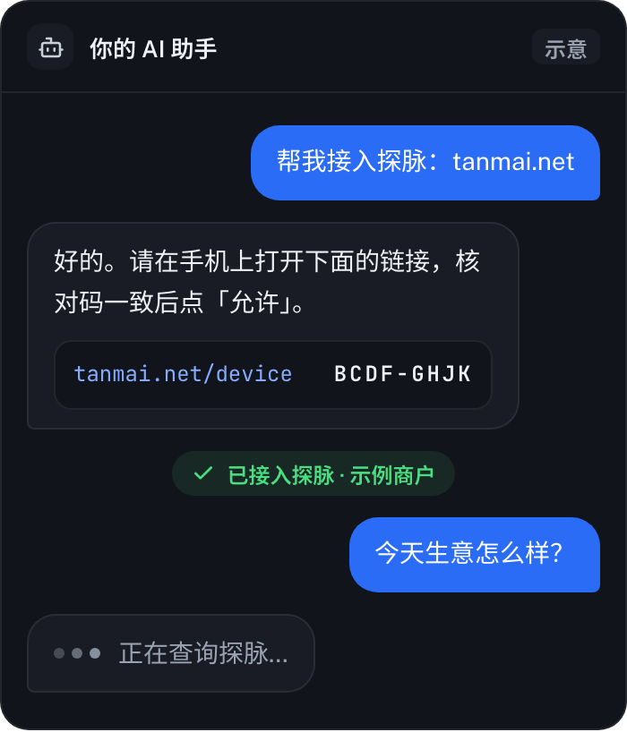 在 AI 助手里接入探脉的对话示意